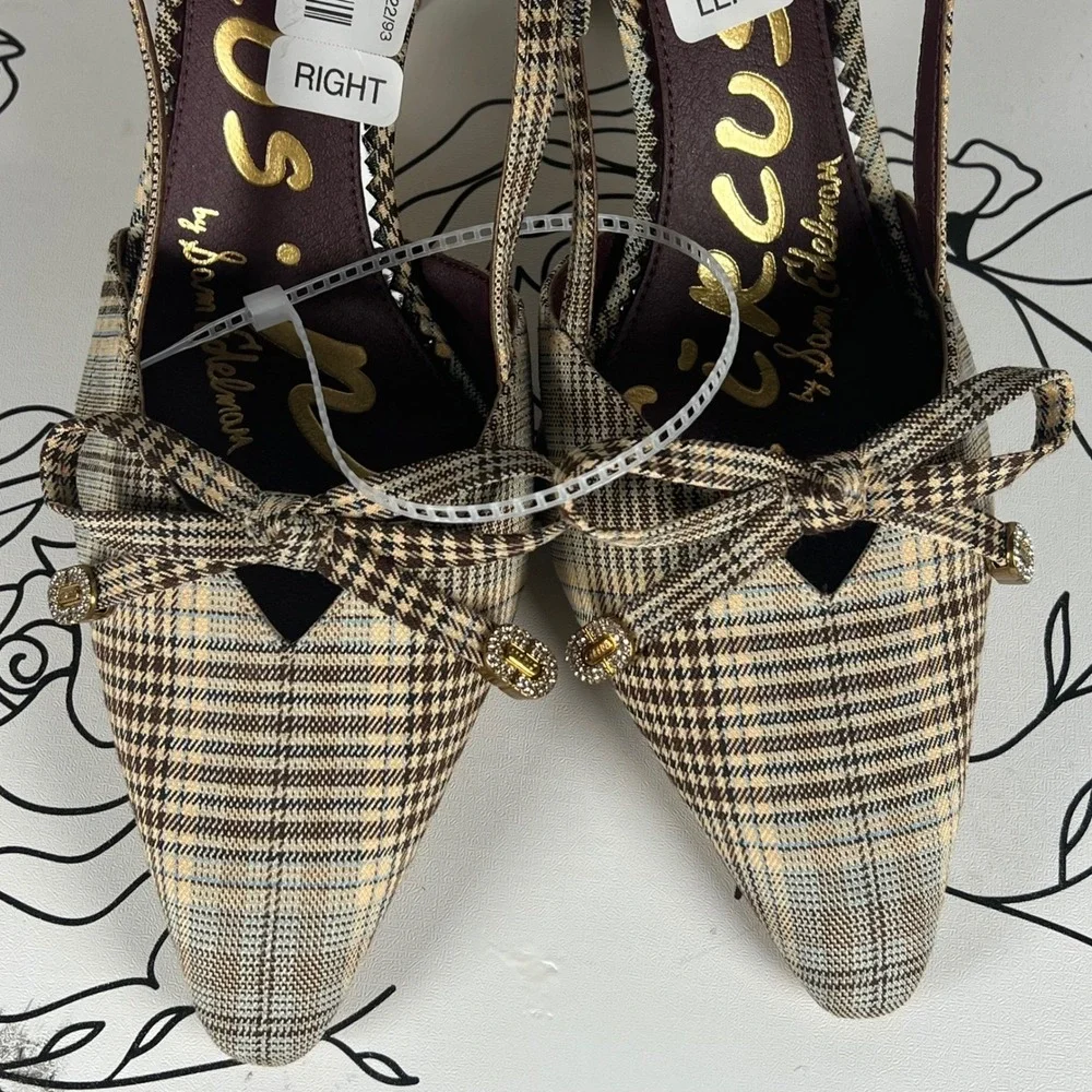Circus by Sam Edelman Monica Plaid Slingback Pumps Kitten Heel Bow Tan Brown 10